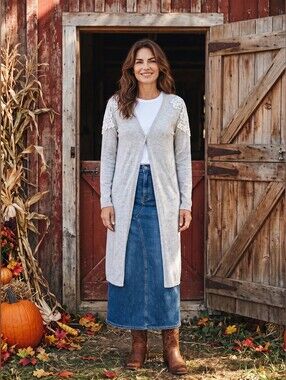 Anthropologie A'Reve Light Gray Longline Lace-Shoulder Cardigan